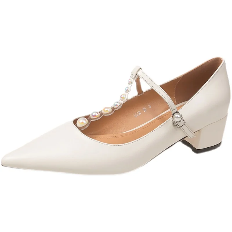 

Women Shoe Shallow T-strap Mary Janes Fashion String Bead Solid Single Shoes Pointed Toe Buckle Leather Thick Heels Sandalias
