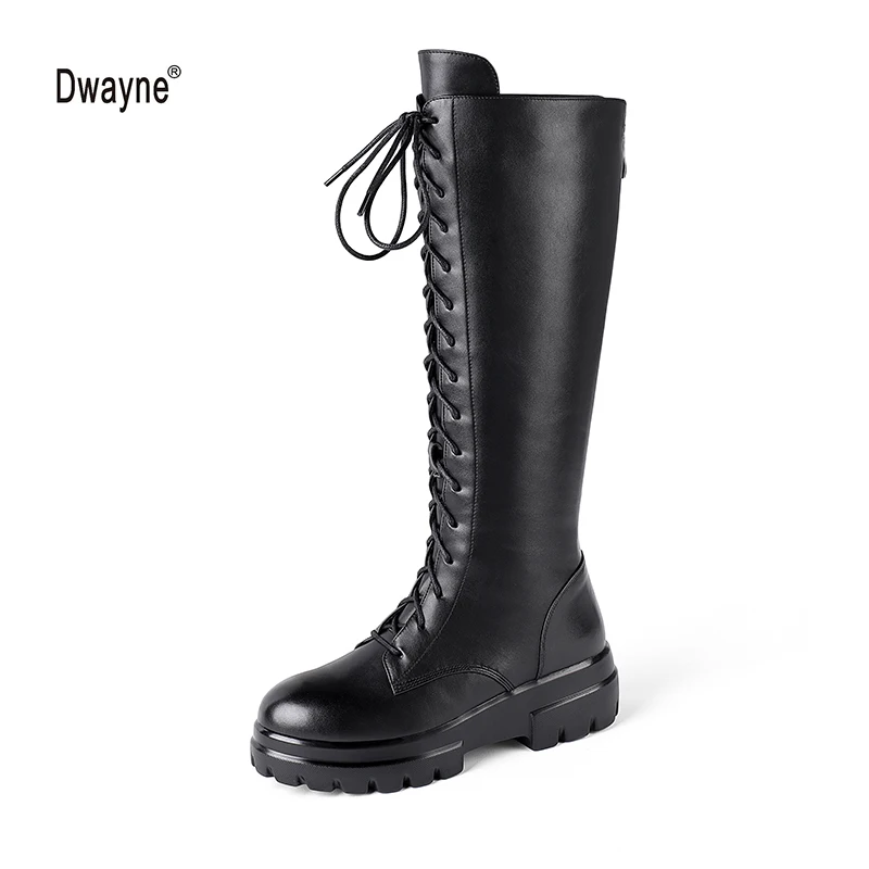 

Cow Leather Handmade Knee High Boots Women 2021 Winter Lace-up Zipper Punk Platform Genuine Leather Long Boots Female Shoes 42