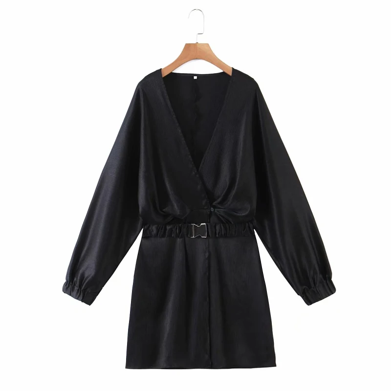 

Vogue Elegant Woman Black V Neck Belt Chiffon Mini Dress Tide Spring Fashion Ladie Stretchy A-Line Dresses Female Casual Dress