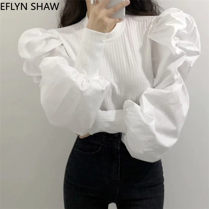 

Korea Chic New Retro Women Tops Palace Style Round Neck Bubble Sleeves Thin Shirt Fashion Knitted Patchwork Elegant Blouse
