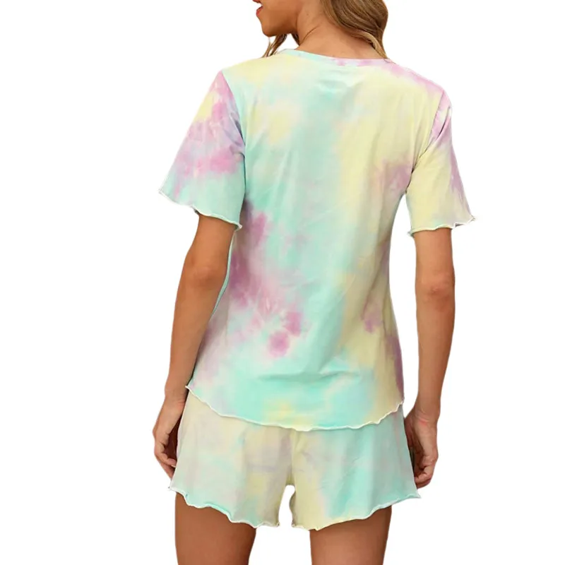 

Ladies Casual Leisure Wear Set, Summer Women Breathable Short Sleeve V-neck Creative Random Dyeing Printing Pajamas Kit 2021