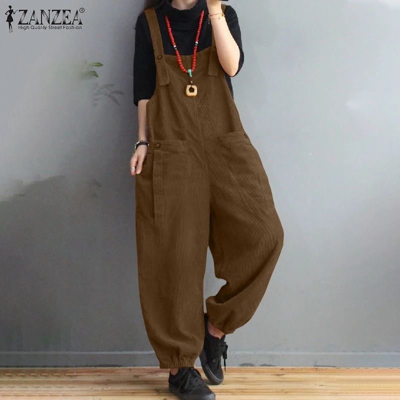 

ZANZEA Solid Sleeveless Playsuits Women's Vintage Corduroy Jumpsuits 2021 Autumn Oversized Overalls Female Casual Pocket Rompers