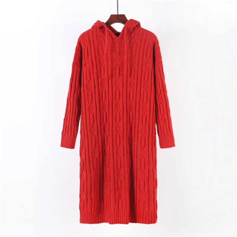 

2019 New Warm Long Sleeve Women Sweater Dress Thick Winter Woman Loose Hooded Dress Fashion Solid Warm Autumn Knitting Cotton