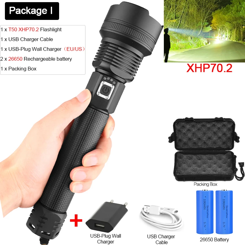 Package I Мощный светодиодный фонарь XHP70.2 светодиодный фонарь с зарядкой от USB XHP50 светодиодный фонарь с приближением и батареей 18650 - Испускаемый цвет: Package I
