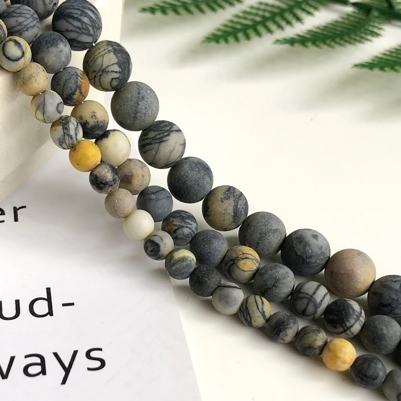 

6 8 10mm 15inches Natural Yellow Matte Black Grid Loose Stone Bead Fit DIY Bracelet Necklace Beads For Jewelry Making Wholesale