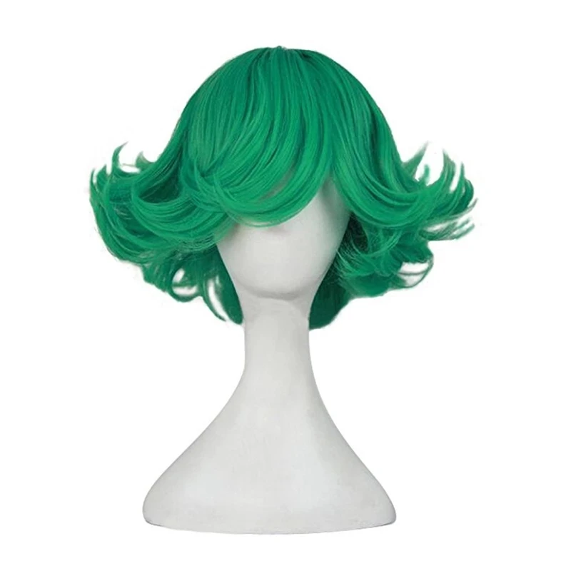 

Парик для косплея Senritsu no Tatsumaki One Punch Man, термостойкие зеленые вьющиеся короткие волосы для вечеринки, с шапочкой, 12 дюймов