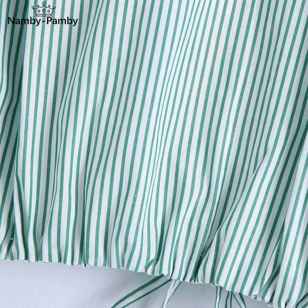 

2021 summer Women casual Striped Blouses Mujer Short Sleeve Navel exposed top Slim Lady Single-breasted lapel Short shirt Femme
