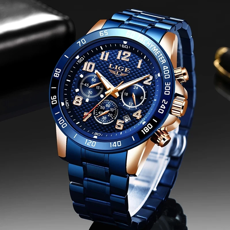 

LIGE 2021 Fashion Blue Watch For Man All Steel Quartz Mens Watches Top Brand Luxury Military Waterproof Clock Relogios Masculino