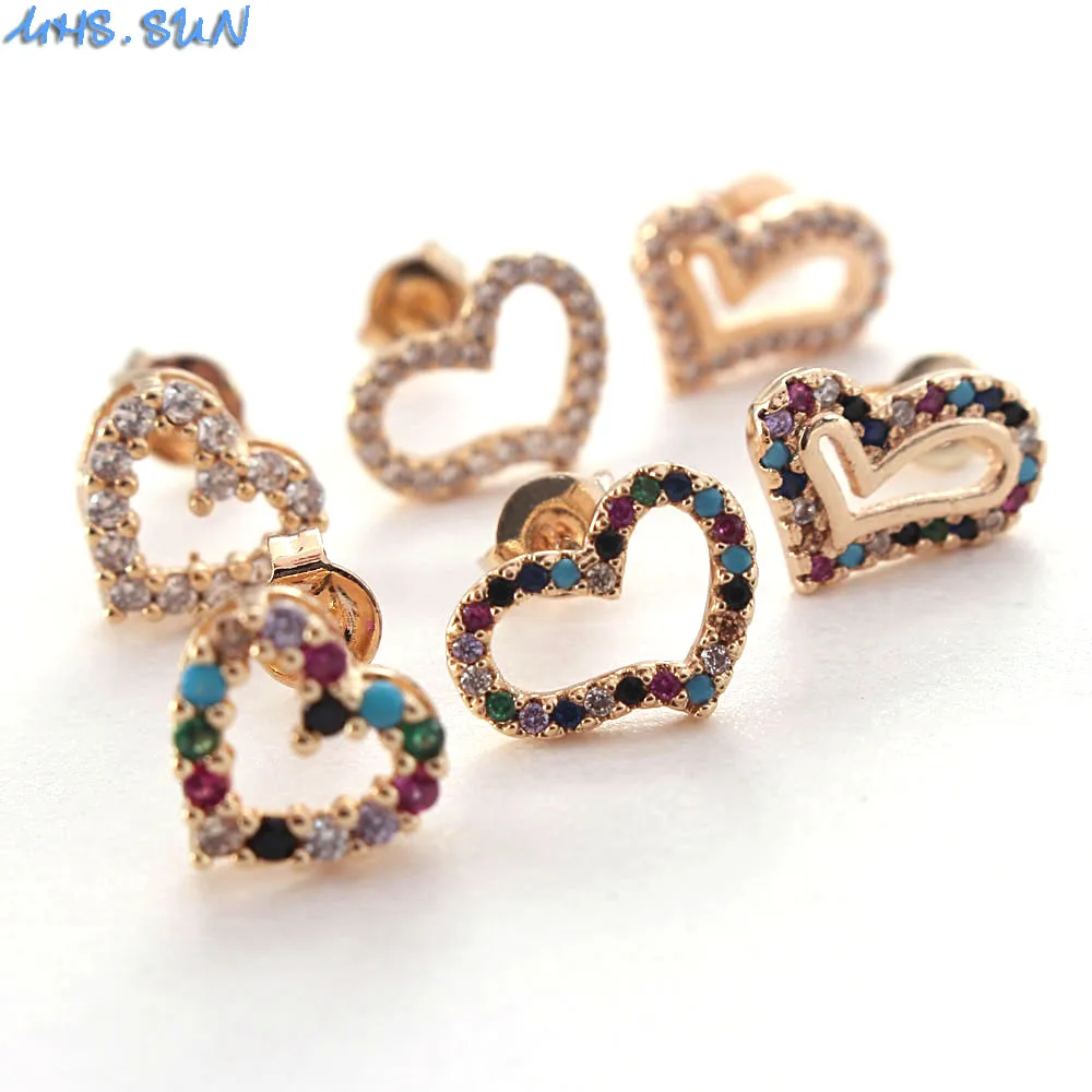 MHS.SUN Exquisite Love Heart Earrings Women Fashion AAA Zircon Stud Charming Gold Color CZ Ear Jewelry For Girls Gift | Украшения и