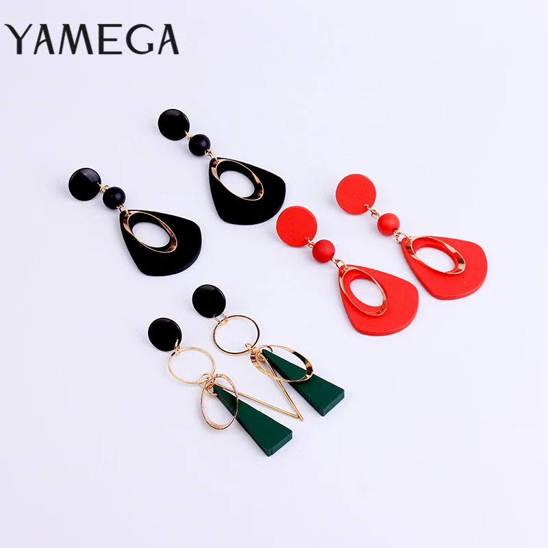 

YAMEGA Korean Style Fashion Red Wood Drop Earrings for Women Brincos Gold Dangle Earring Retro Geometric Jewelry Statement Gifts