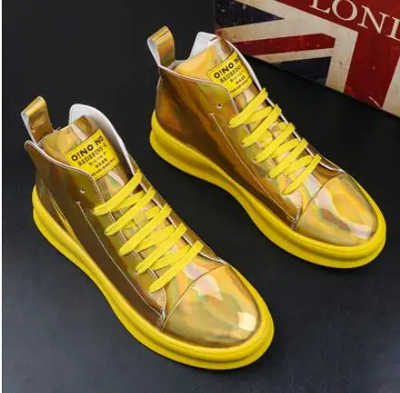 Золотой High quality Men's platform loafers gold Casual Flats Shoes designer brand Male Prom students board white shoes - Цвет: Золотой