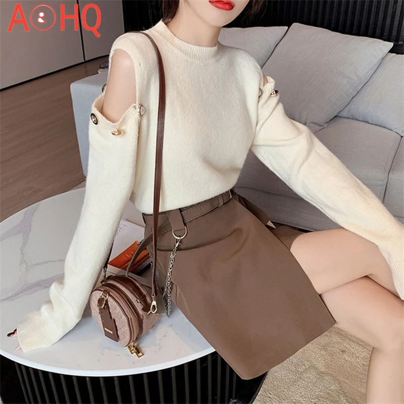 

Женский свитер с открытыми плечами, однотонный короткий пуловер с круглым вырезом, Осень-зима 2021