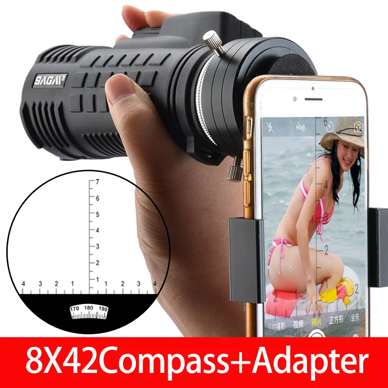8x42CompassAdapter SAGA Профессиональный монокулярный телескоп 8x42 12x50 мини telescopio BAK4 призма компактный охотничий низкий светильник ночного видения монокуляры - Цвет: 8x42CompassAdapter