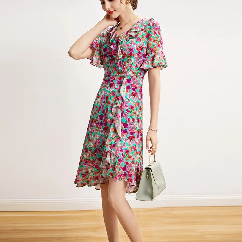 

Mulberry Silk Dress Summer New Slim Fashion Show Thin Super Fairy Flounce Floral A-line Skirt
