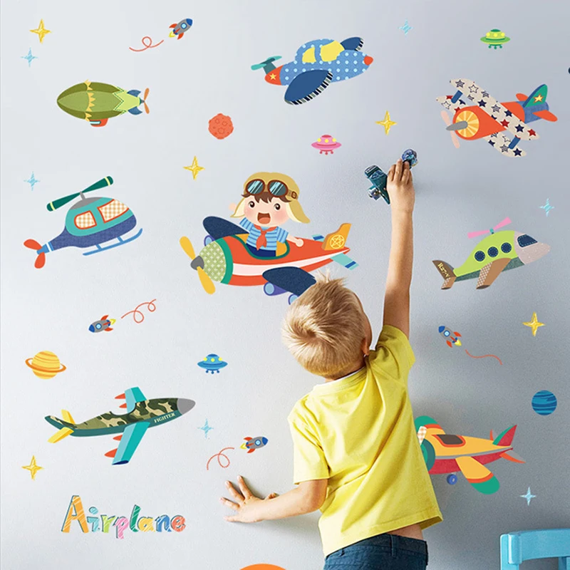 Мультфильм самолет транспорт стены Stikcers для детской комнаты ПВХ съемные обои