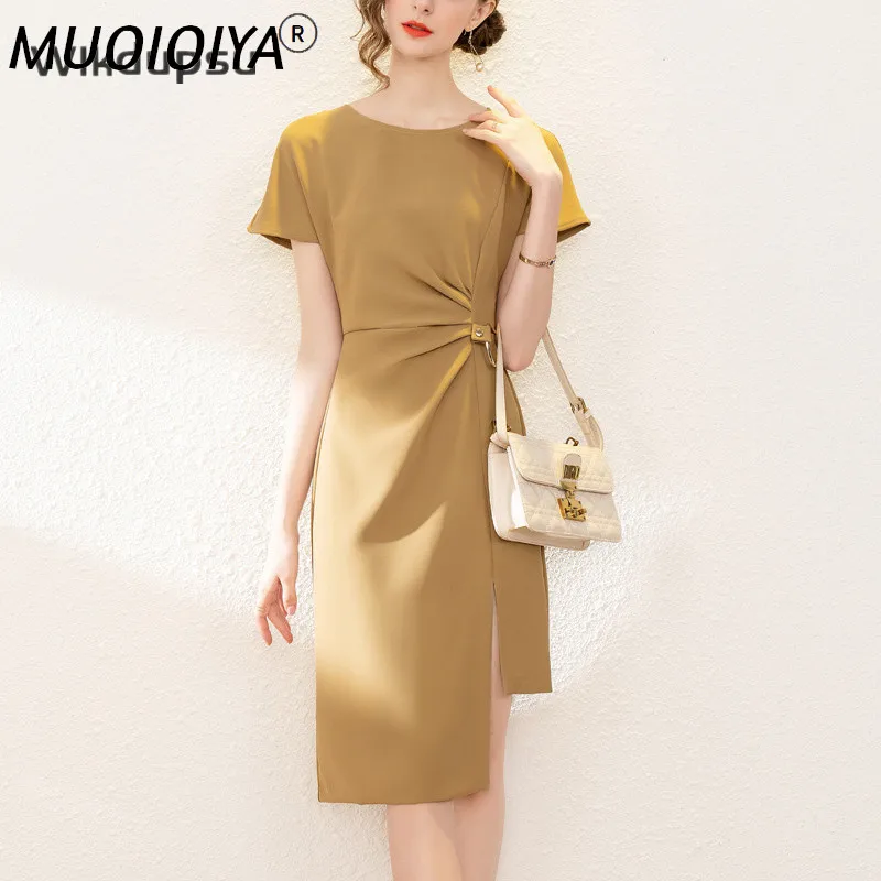 

Summer Elegant Midi Dress Women Short Sleeve Fashion Designer OL Business Solid Business Chic Work Office Lady Casual Dresses