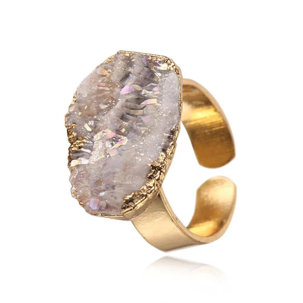 

1pc Natural Druzy Crystal Cluster Ring Female Opening Adjustable Crystal Bud Gold Metallic Copper Ring Jewelry Drop Shipping