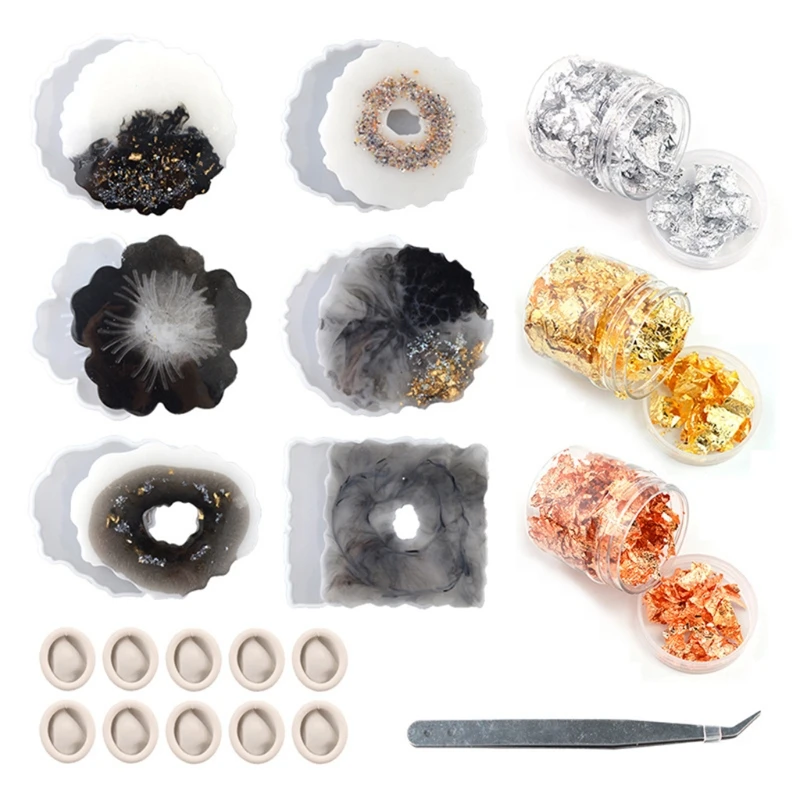 

Resin Coaster Molds with Gold Foil Flakes Irregular Shapes Geode Resin Coaster Mold for DIY Making Resin Casting Coaster