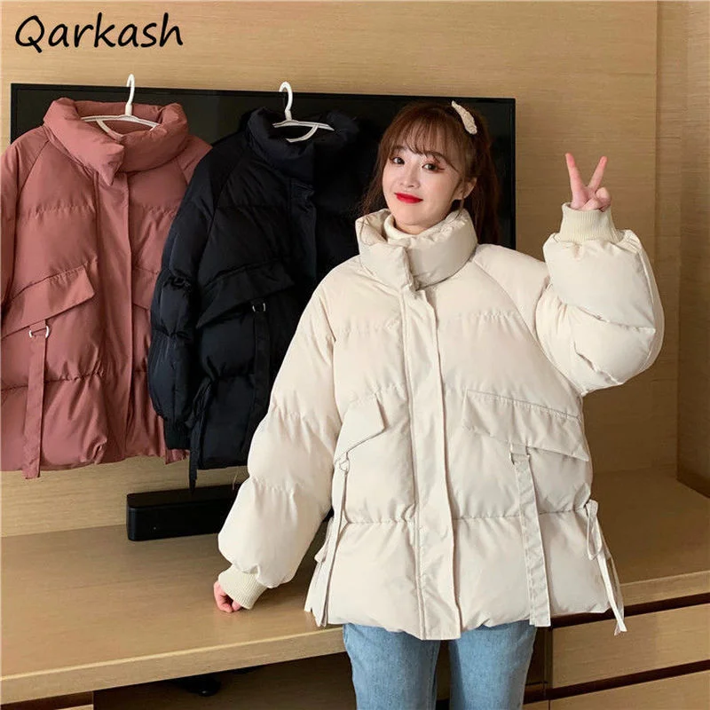 

Женские парки, зимняя верхняя одежда в стиле Instagram, Женская утолщенная простая однотонная уличная одежда с воротником-стойкой в стиле ольчч...