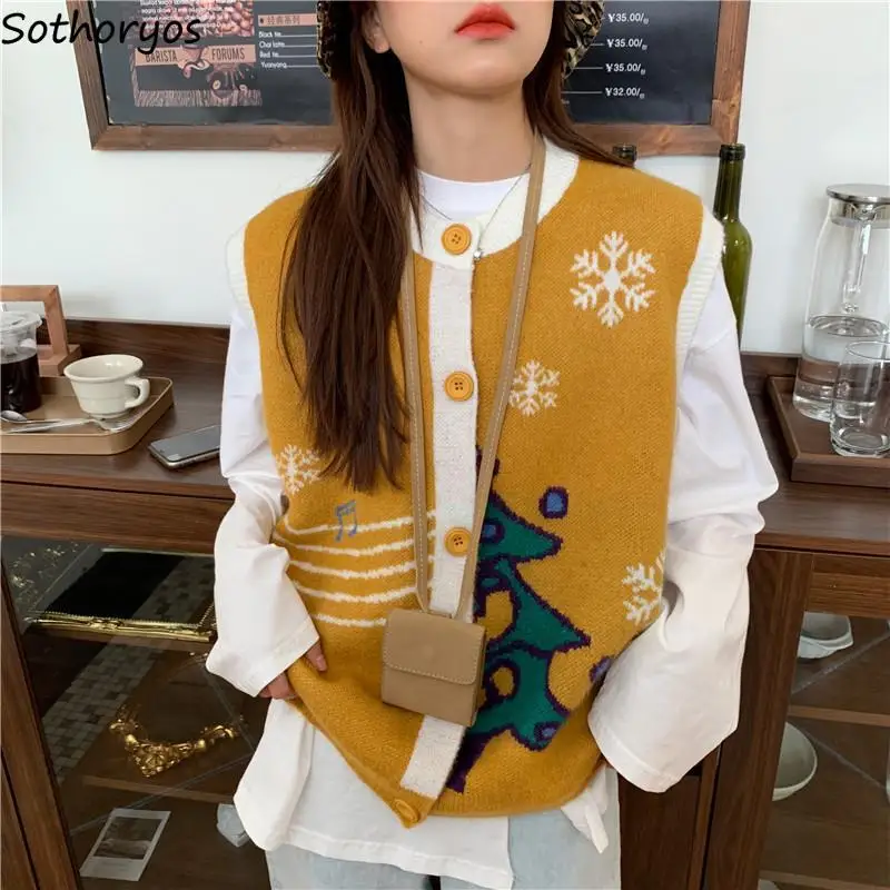 

Cardigan Women Sleeveless Cartoon Knitted O-neck Single Breasted Retro Trendy Casual Loose Harajuku Tops Lovely Streetwear Chic