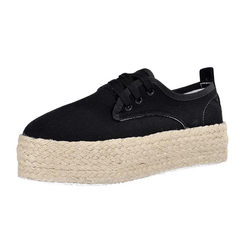 Puimentiua Fashion Women Ladies Espadrille Shoes Canvas Thick bottom Flats Shoes Girls Lace up Round Toe Casual Flats
