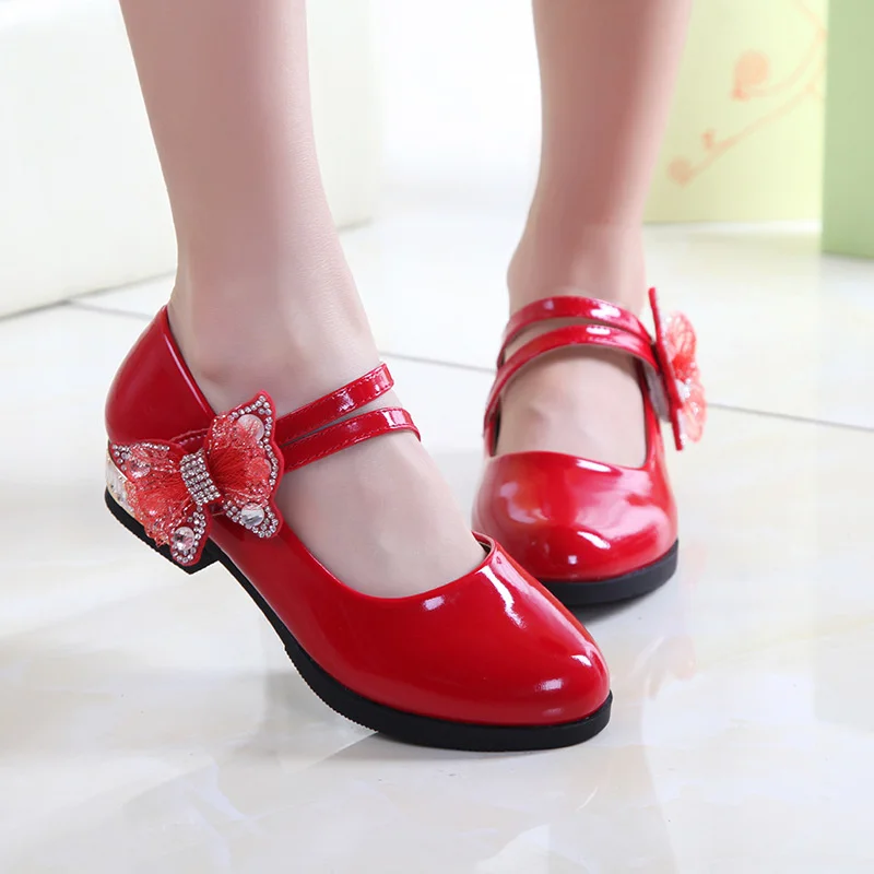 Big Girls Leather Shoes White Wedding Butterfly Mary Janes Patent Princess Party Single Shoe Black Red Baby Kids |