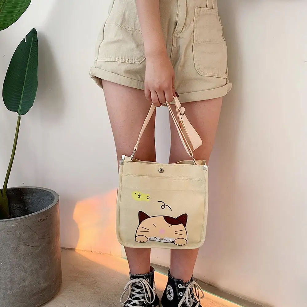 2pcs/set Women Canvas Cartoon Cat Print Shoulder Crossbody Handbags Pen Bag Shopping | Багаж и сумки