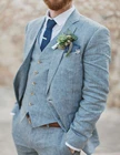 Летние костюмы, новейший дизайн пальто и брюк, светло-голубые льняные свадебные костюмы для мужчин, пляжный облегающий костюм для жениха, под заказ, костюм-смокинг из 3 предметов