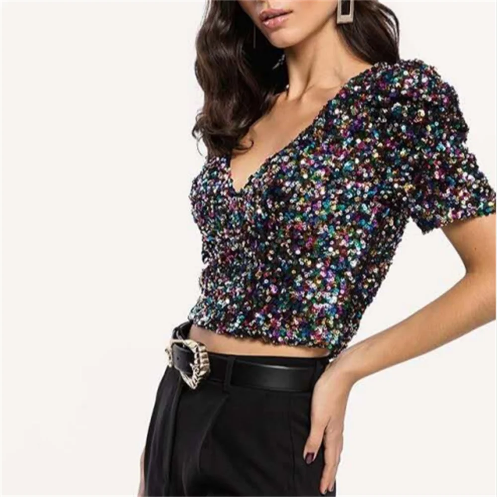 

2020 autumn and winter women's new European and American style fashion all-match short-sleeved sequined short T-shirt