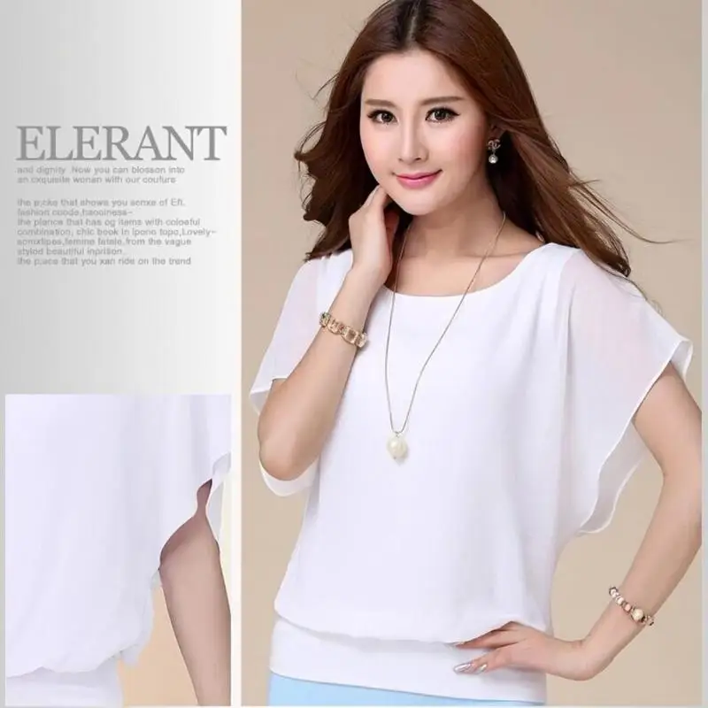 Шифоновые топы с круглым воротником размера плюс рукава летучей мыши