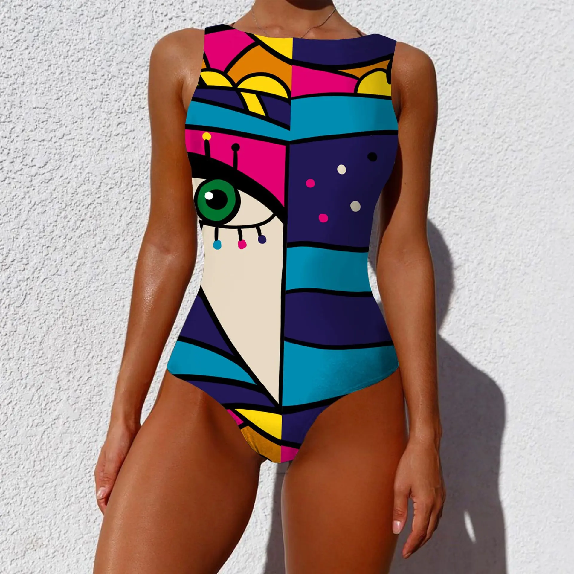 

2021 new retro one-piece swimsuit women's swimwear 3D facial makeup print swimsuit belly-up retro plus size beachwear
