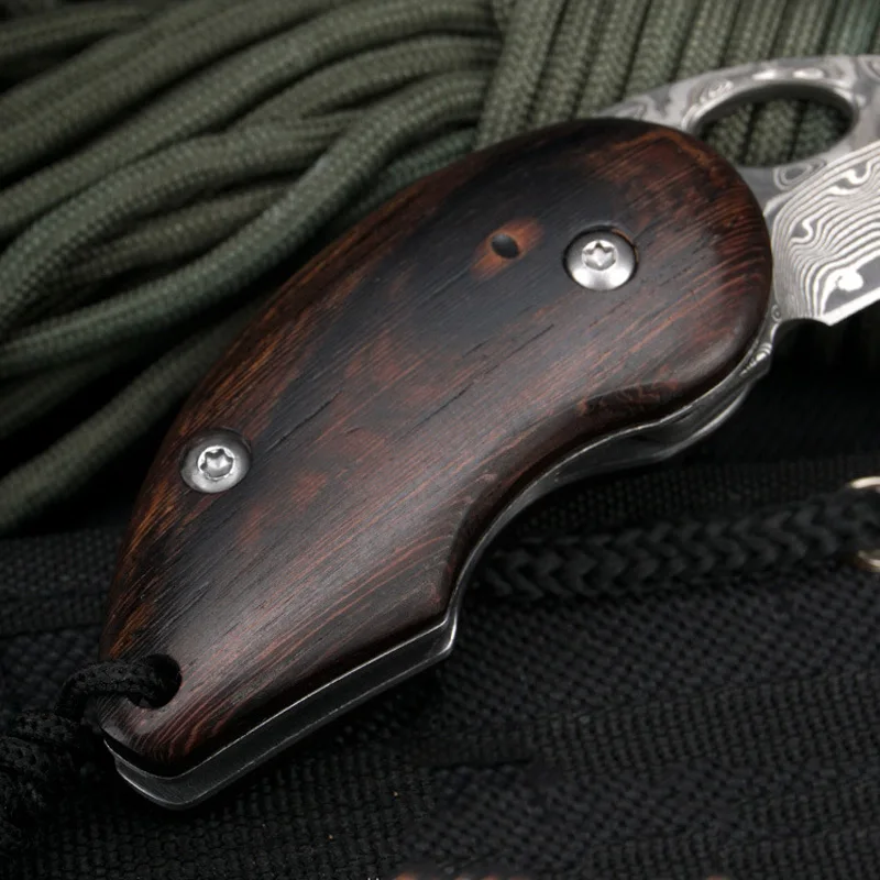 Складной мини-нож из дамасской стали с острым лезвием ручкой натурального дерева