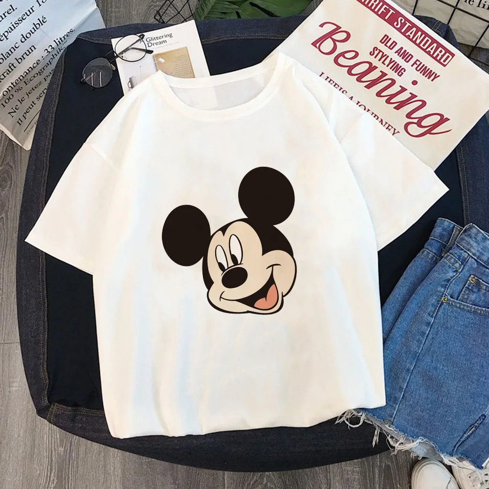 

Disney Mickey Mouse Tshirts Cartoon O-Neck Fashion Short Sleeve White T-Shirt Casual Women Loose Tee Tops Female Drop Ship