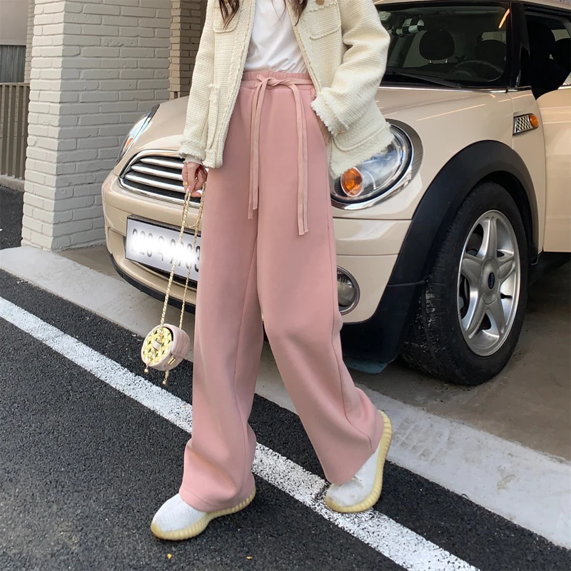 

Lace Up Chenille Straight Wide Leg Pants Women's Loose Plush Floating Rope Mopping Casual Pants 2021 Autumn And Winter New