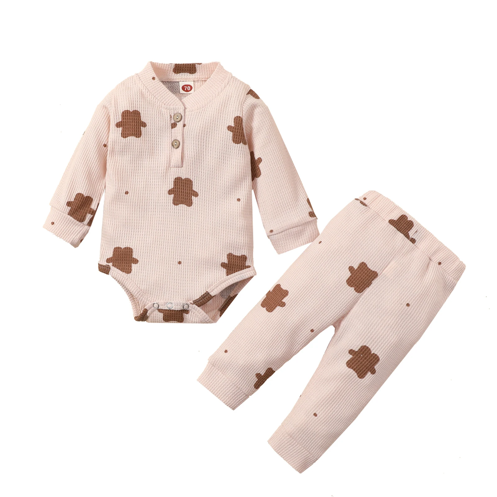 

2 Pcs Newborn Waffle Outfits Toddler Bear Print Long Sleeve Round Neck Playsuit Trousers