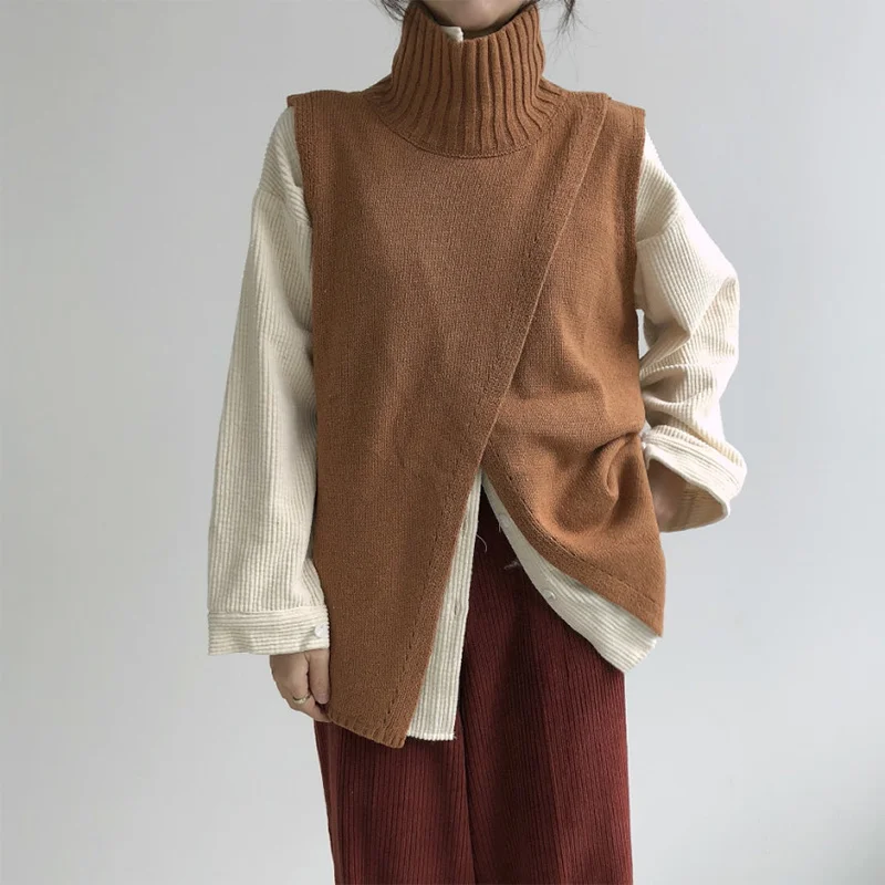 

Women Korean Style Overlap Sleeveless Ladies Sweater Spring Turtleneck Knitted Sweaters Female Fashion Criss-Cross Jumper