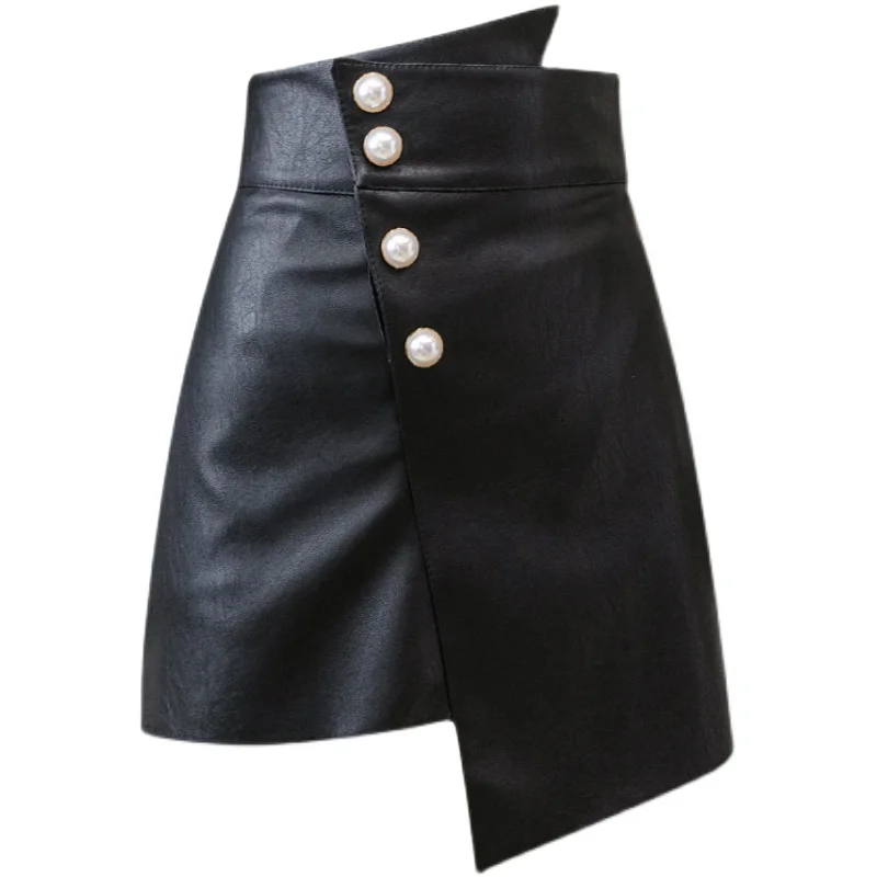 

Ins Winter European Women Irregular PU Leather Skirts High Waist Buttons Sexy Slim Lady Bottom