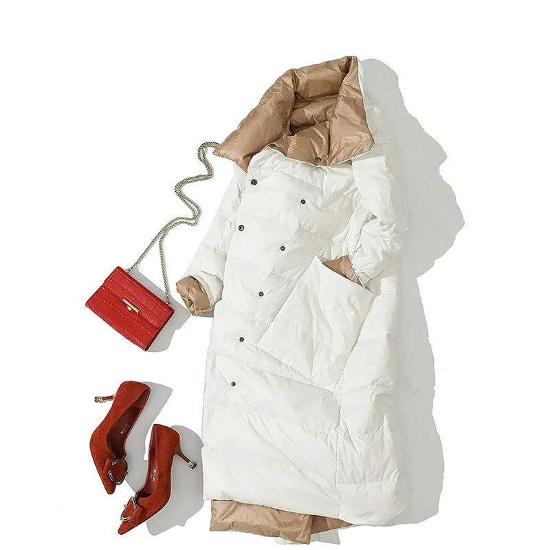 Пуховик женский зимний на белом утином пуху средней длины с воротником-стойкой