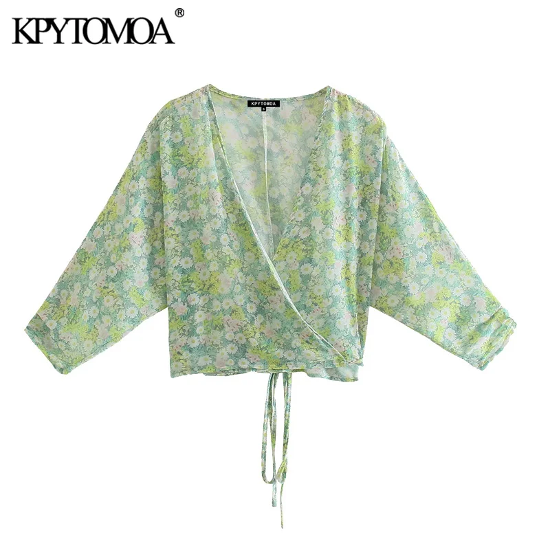 

Женская винтажная блузка KPYTOMOA, укороченная блузка с запахом и цветочным принтом, с рукавом три четверти, с завязкой на талии, 2021