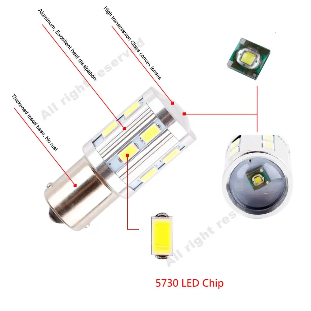 2шт P21W светодиодные лампы 1156 Ba15S одиночные R5W R10W 12SMD 5730 чипы 6000K задние фонари