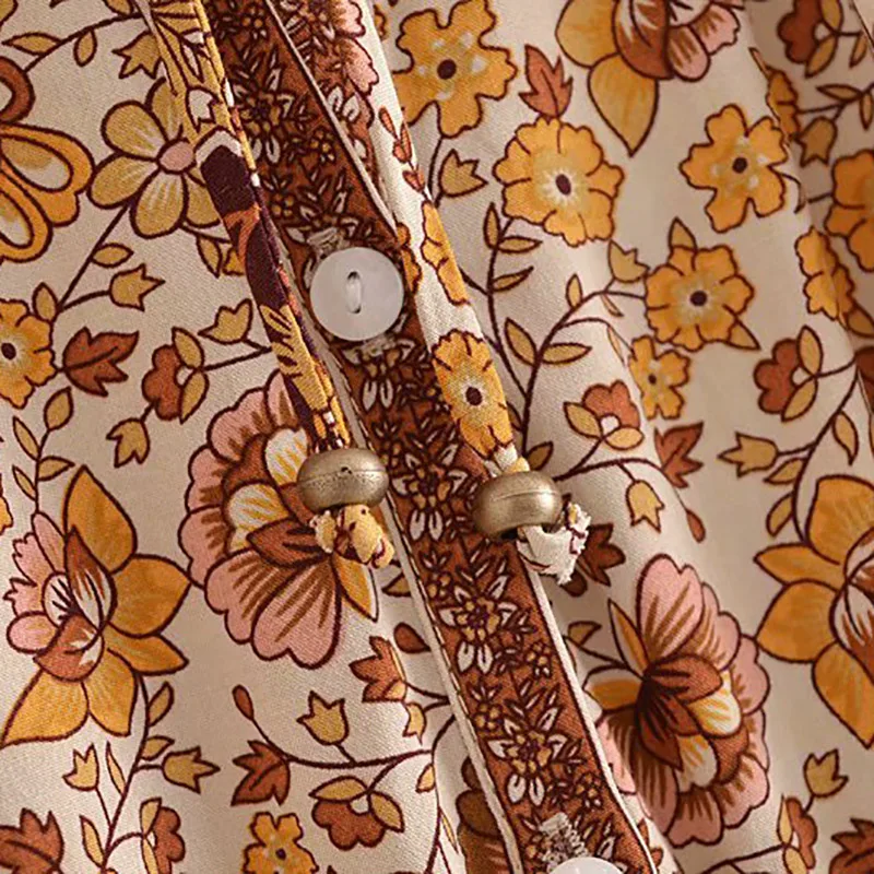 

Good Quality Cotton Flower Print Summer Playsuit Women Fashion Full Sleeve Prairie Style Short Jumpsuits New Wide Leg Playsuits