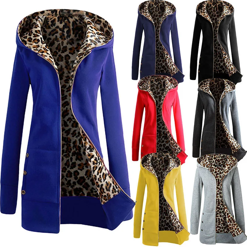 

Women Lady Thick Leopard Print Long Sleeve Hoodie Zipper Coat Warm for Winter -OPK