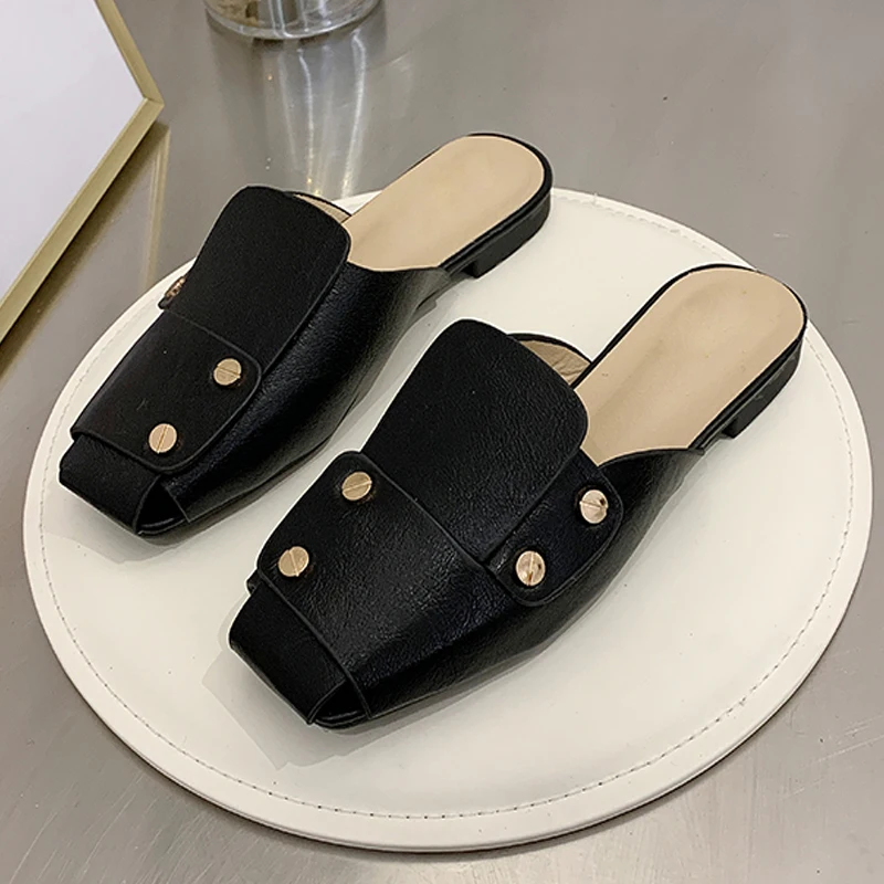

Retro Women's Mule Slippers Summer Square Toe Low-Heeled Rivet Fashion Femmes Casual Shoe Young Female Loafers Black White Brown