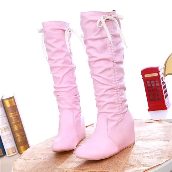 Женские сапоги до колена Цвет белый черный Высокие с бантом на высокой танкетке