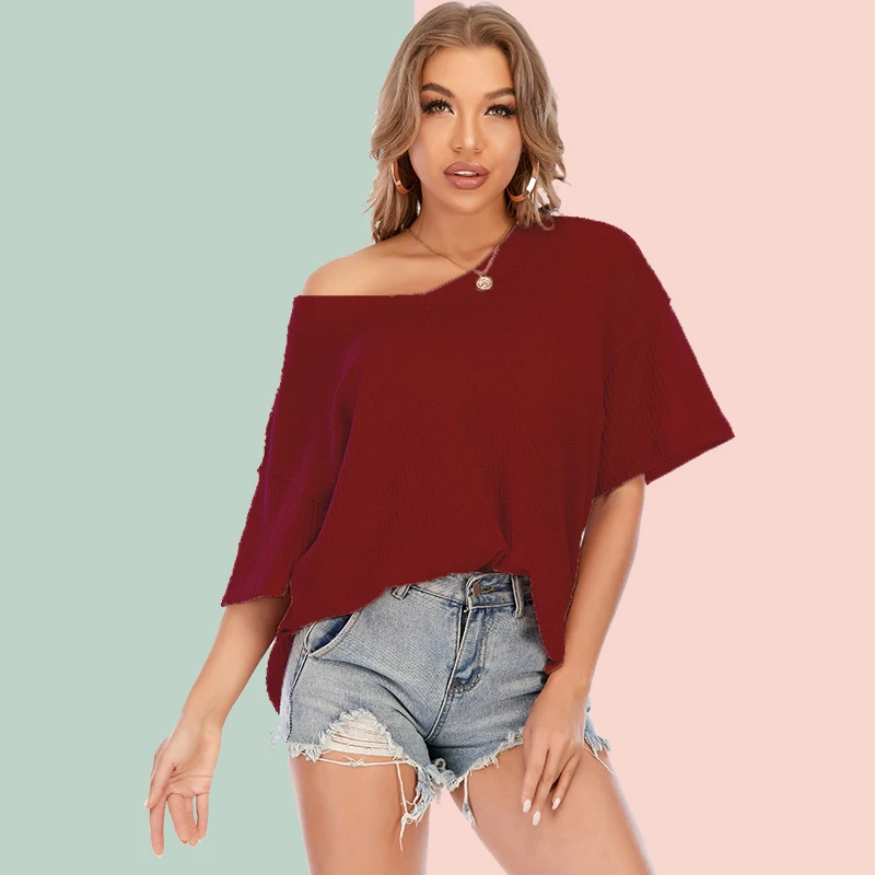 

Summer 2021 New Large SizeWomen's Top Waffle Knit V-neck Loose Short Sleeve T-shirt Women Aesthetic Grunge Aesthetic