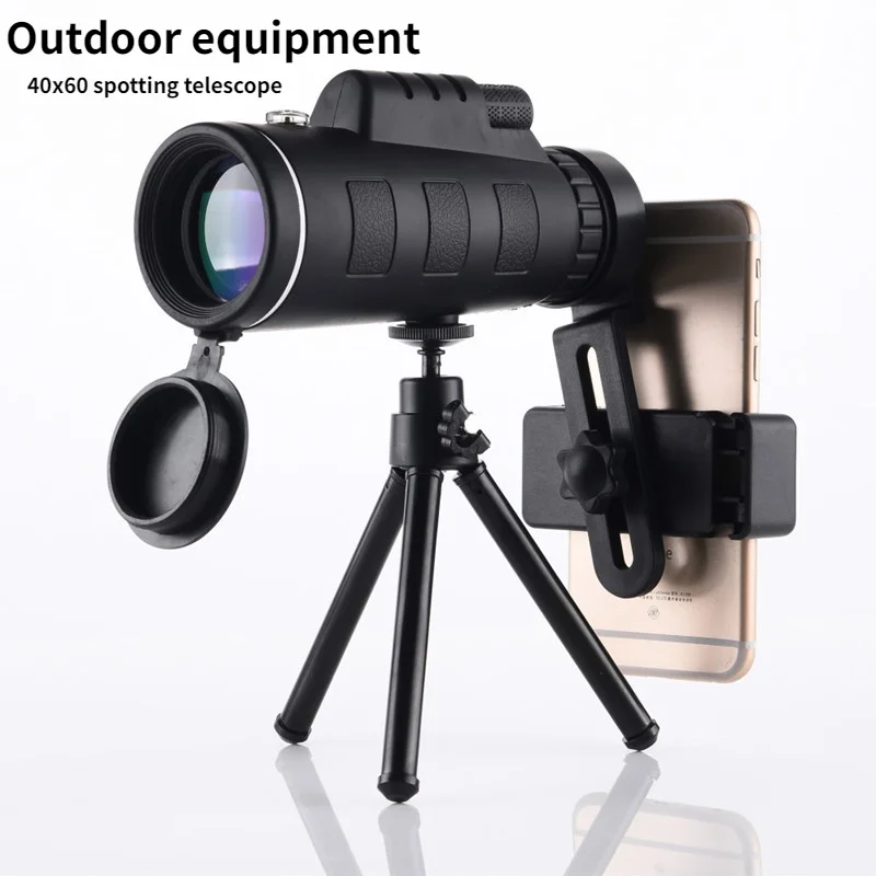 

40X60 Zoom Monocular Telescope Scope BAK4 Prism for Smartphone Camera HD Vision Outdoor Camping Hiking Compass Phone Clip Tripod