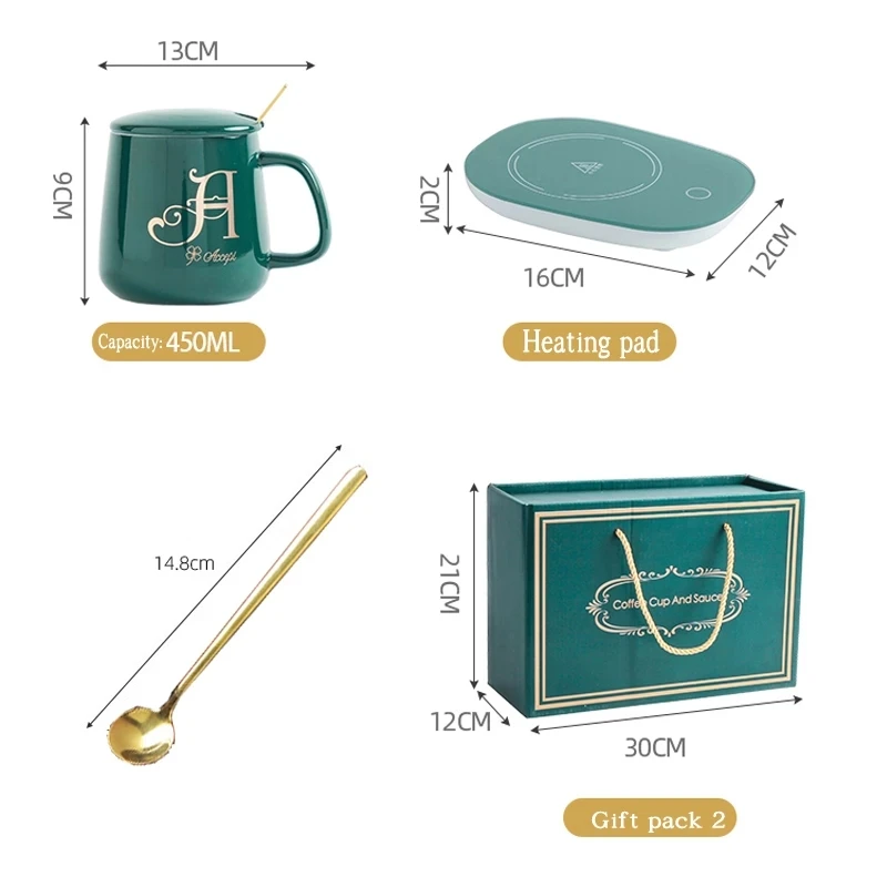 

Green Ceramics Mug Gift Coffee Cup with Lid & Spoon Mugs Bar Drinkware Office Automatic Water Heater Cup Mat Heating Coaster Set