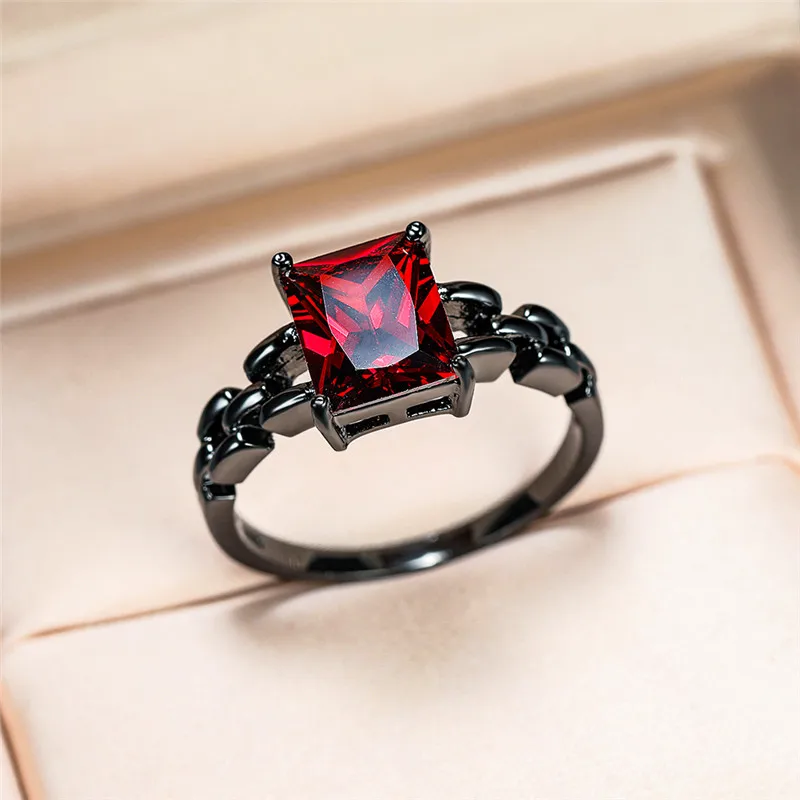 Geometric Red Purple Crystal Zircon Chain Rings For Women Vintage Fashion Black Gold Engagement Ring Female Birthstone Jewelry | Украшения