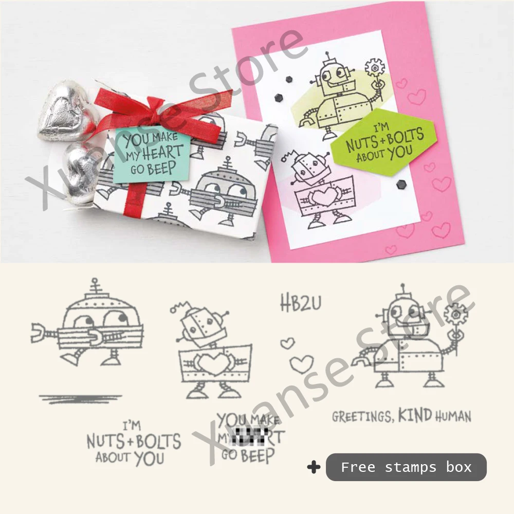

Heart Robots Machine Metal Cutting Dies Clear Stamp Set for DIY Paper Card Fit Valentine's Day Scrapbooking Cutting Dies Stencil