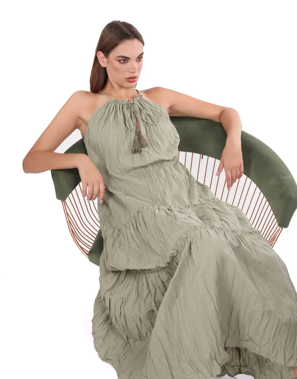 

Sleeveless Open Khaki Straight Dress